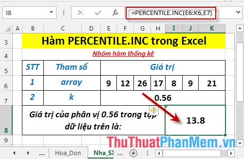 PERCENTILE.INC function - Function returns the kth percentile of values ​​in the range with k in the range from 0 to 1 in Excel Picture 4