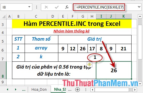 PERCENTILE.INC function - Function returns the kth percentile of values ​​in the range with k in the range from 0 to 1 in Excel Picture 5