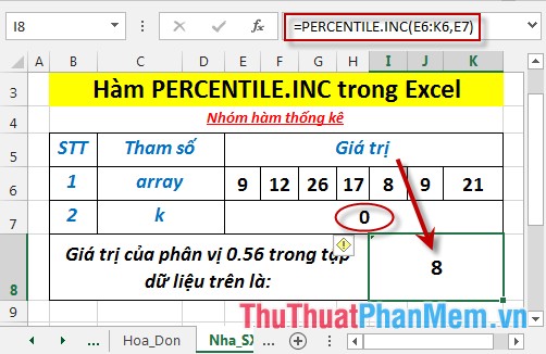 PERCENTILE.INC function - Function returns the kth percentile of values ​​in the range with k in the range from 0 to 1 in Excel Picture 6