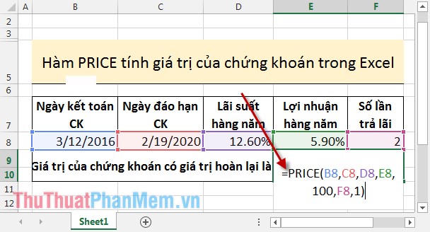 PRICE, PRICEDISC, PRICEMAT - Calculate the value of stock in Excel Picture 1