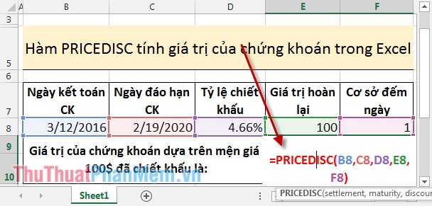 PRICE, PRICEDISC, PRICEMAT - Calculate the value of stock in Excel Picture 5