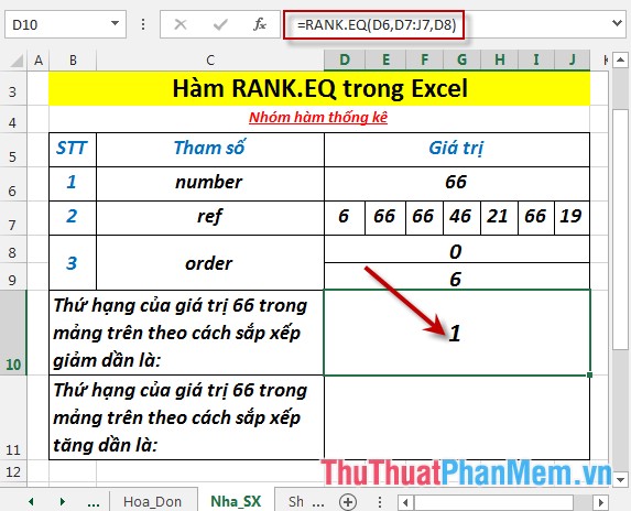 RANK.EQ function - Function returns the rank of a number in a list of numbers, returns the highest rank when multiple values ​​with the same rank in Excel Picture 4