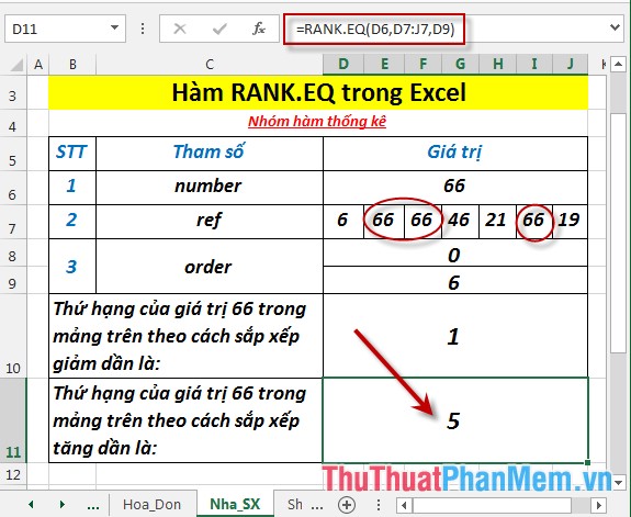 RANK.EQ function - Function returns the rank of a number in a list of numbers, returns the highest rank when multiple values ​​with the same rank in Excel Picture 5