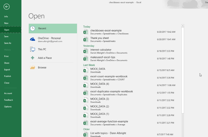 ms excel 2016 recent documents