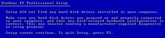 Resolve error 'Setup did not find any hard disk drives' when installing Windows XP Picture 1