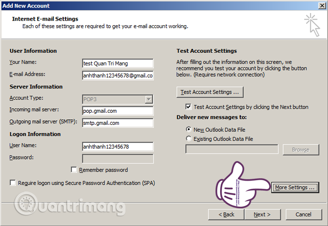 can outlook send messages to gmail