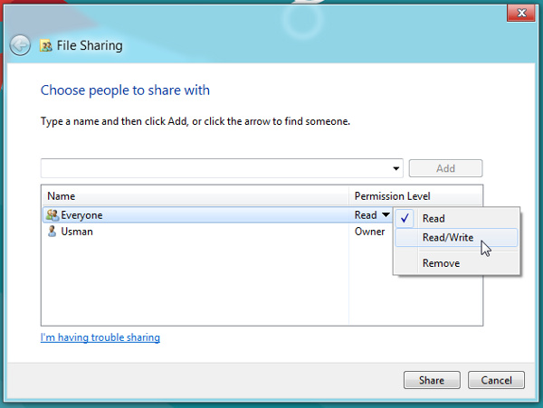 how to share folders in windows 8