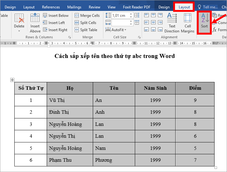 Sort names alphabetically in Word Picture 10