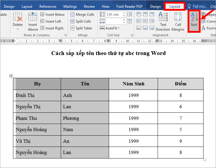 Sort names alphabetically in Word Picture 5