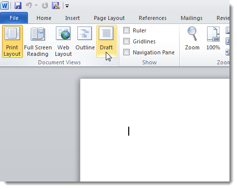 turn off draft view in word