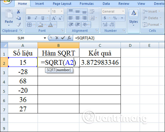 SQRT function, how to use square root function in Excel Picture 3