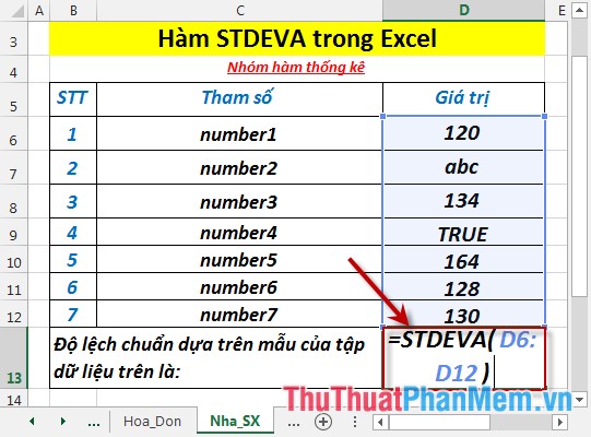 STDEVA function - The function of estimating standard deviations based on a sample including both text and logical values ​​in Excel Picture 3