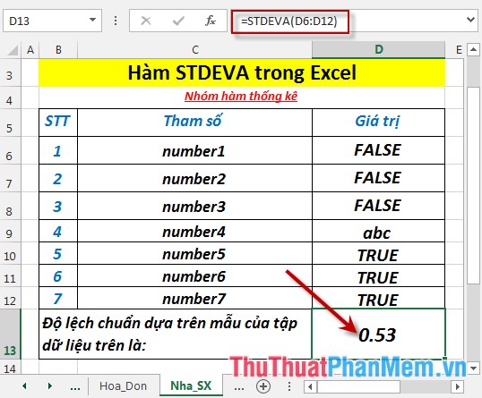 STDEVA function - The function of estimating standard deviations based on a sample including both text and logical values ​​in Excel Picture 5