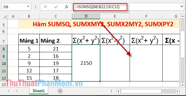 SUMSQ, SUMXMY2, SUMX2MY2, SUMXPY2 functions - Sum function contains squared values ​​in Excel Picture 3