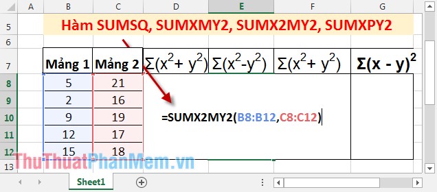 SUMSQ, SUMXMY2, SUMX2MY2, SUMXPY2 functions - Sum function contains squared values ​​in Excel Picture 4