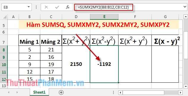 SUMSQ, SUMXMY2, SUMX2MY2, SUMXPY2 functions - Sum function contains squared values ​​in Excel Picture 5