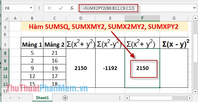 SUMSQ, SUMXMY2, SUMX2MY2, SUMXPY2 functions - Sum function contains squared values ​​in Excel Picture 7