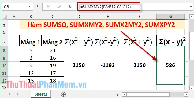 SUMSQ, SUMXMY2, SUMX2MY2, SUMXPY2 functions - Sum function contains squared values ​​in Excel Picture 9