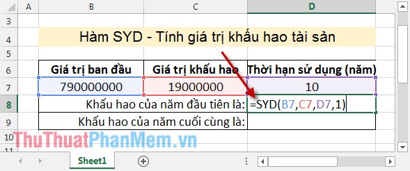 SYD function - Calculate depreciation for an asset by remaining value in Excel Picture 3