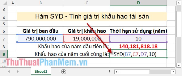 SYD function - Calculate depreciation for an asset by remaining value in Excel Picture 5