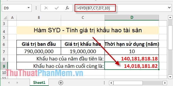 SYD function - Calculate depreciation for an asset by remaining value in Excel Picture 6