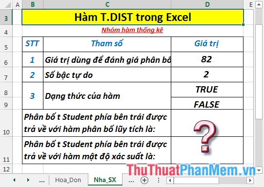 T.DIST - The function returns the Student t-distribution on the left in Excel Picture 2
