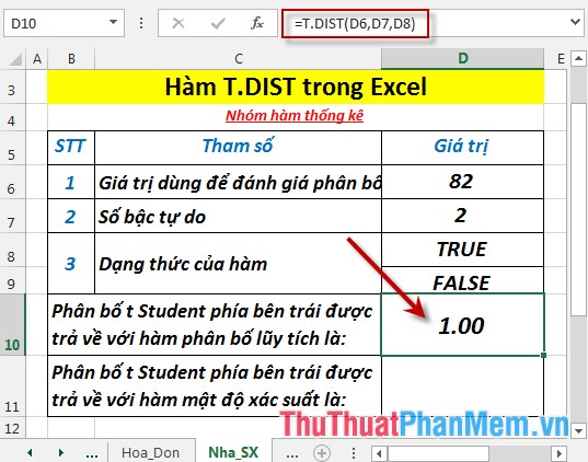 T.DIST - The function returns the Student t-distribution on the left in Excel Picture 4