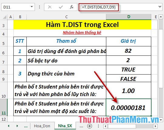 T.DIST - The function returns the Student t-distribution on the left in Excel Picture 6