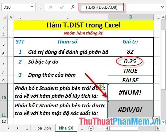 T.DIST - The function returns the Student t-distribution on the left in Excel Picture 7