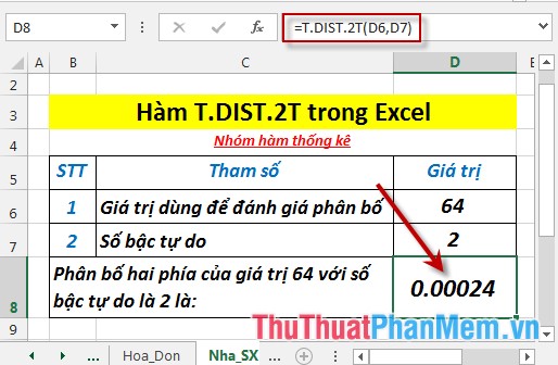 T.DIST.2T - The function returns the two-tailed Student distribution in Excel Picture 4