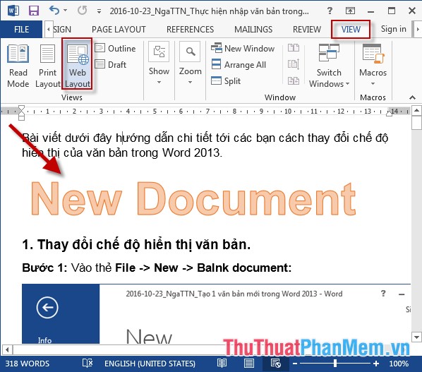 location of draft view in word 2013