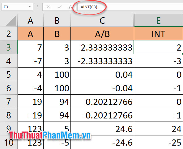 The function takes whole parts in Excel - Specific examples Picture 5