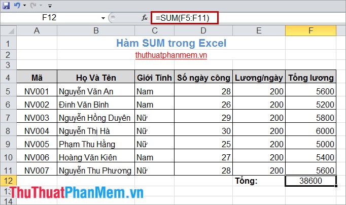 The SUM function (sums) in Excel Picture 2