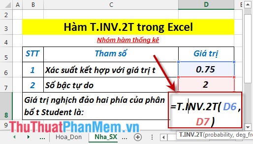 T.INV.2T - The function returns the two-sided inverse of the Student's t-distribution in Excel Picture 3