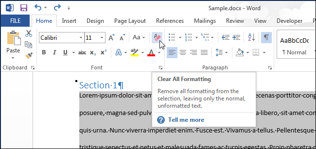 how do you remove formatting in word from all texy