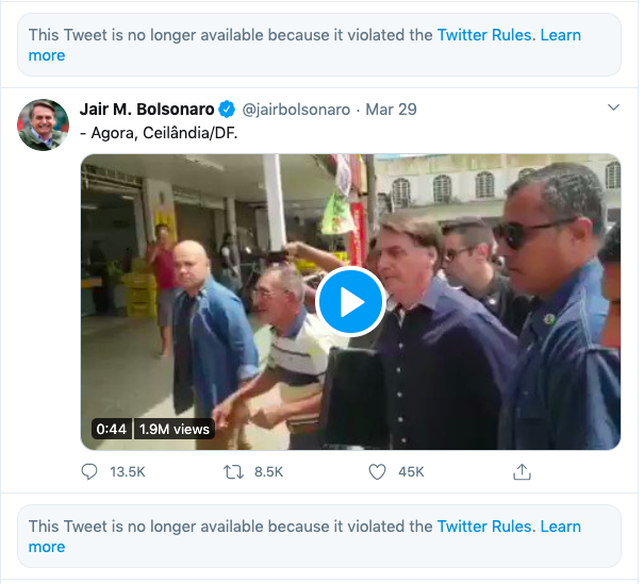 Twitter pulls down two coronavirus tweets from Brazil's President Jair Bolsonaro Picture 2