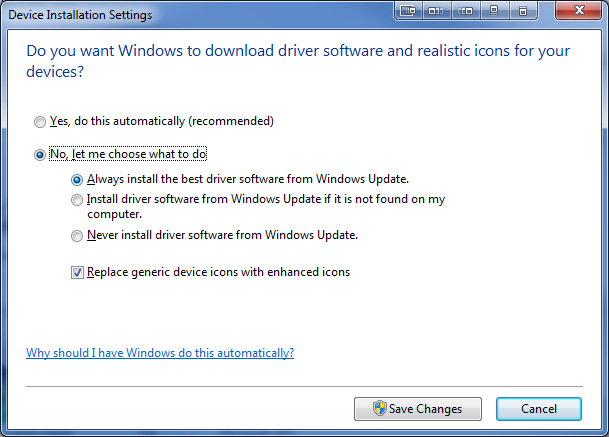 Update the system driver with Windows 7 Device Installation Settings Picture 6