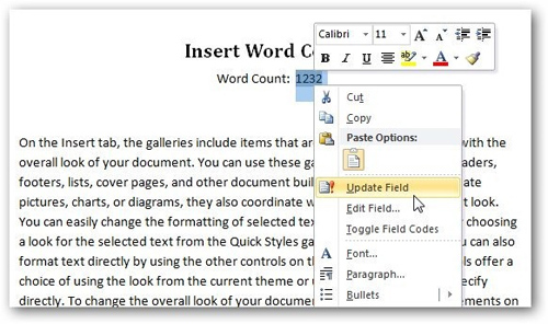 Use Field Codes to create word counters in Word 2010 - TipsMake.com