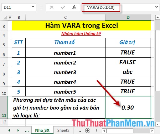 VARA - Function that calculates variance based on a sample, including logical values ​​and text in Excel Picture 5