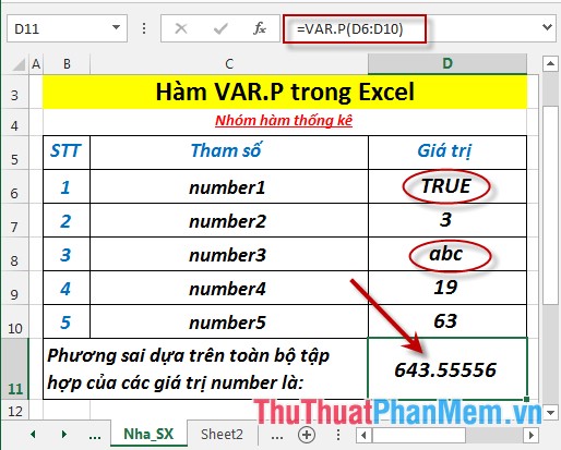 VAR.P function - Function that calculates variance based on the entire set, ignoring logical values ​​and text in Excel Picture 5