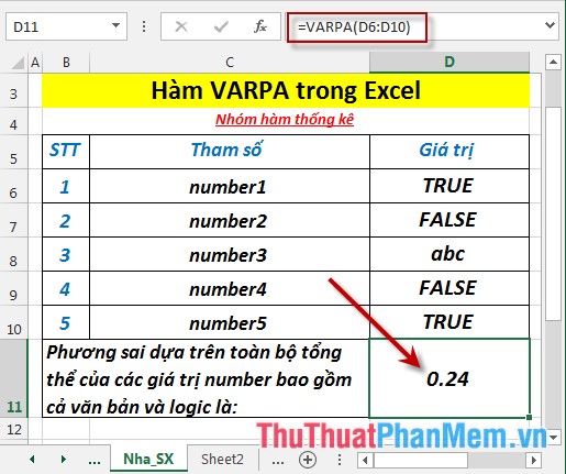 VARPA function - Function that calculates variance based on the entire set, including logical values ​​and text in Excel Picture 5