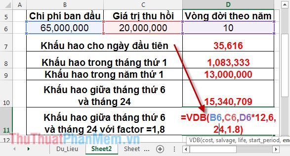 VDB function - Calculate asset depreciation by the declining balance method in Excel Picture 10