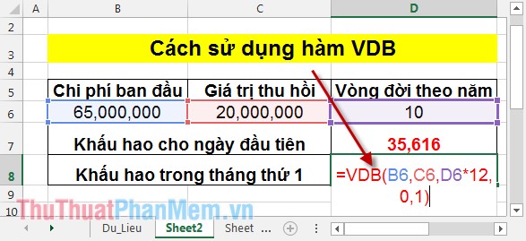 VDB function - Calculate asset depreciation by the declining balance method in Excel Picture 4