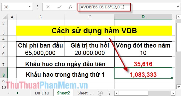 VDB function - Calculate asset depreciation by the declining balance method in Excel Picture 5