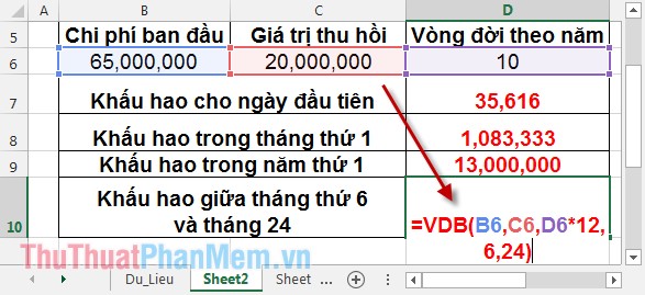 VDB function - Calculate asset depreciation by the declining balance method in Excel Picture 8