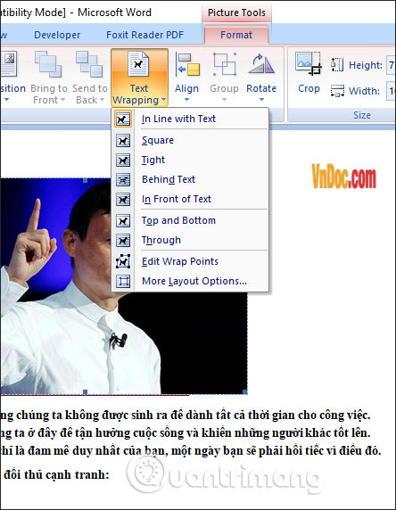 comment changer la position d'une image sur word