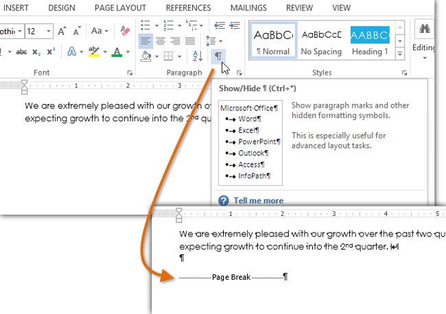 display then hide formatting marks in word 2013