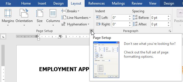 how to change default page layout in word 2016