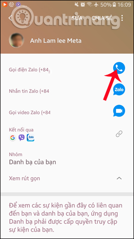 Zalo allows direct calling from contacts Picture 1