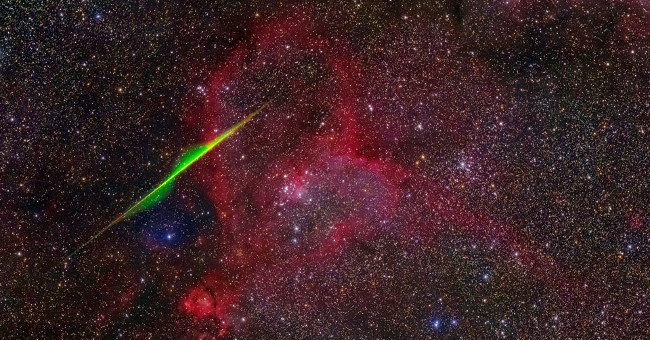 Blue Meteor Attacks the Red Heart Nebula
